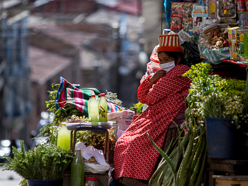 Herb and spice vendor working (despite the pandemic). Santa Cruz Street, La Paz, Bolivia, 2020.  Carlos Fiengo