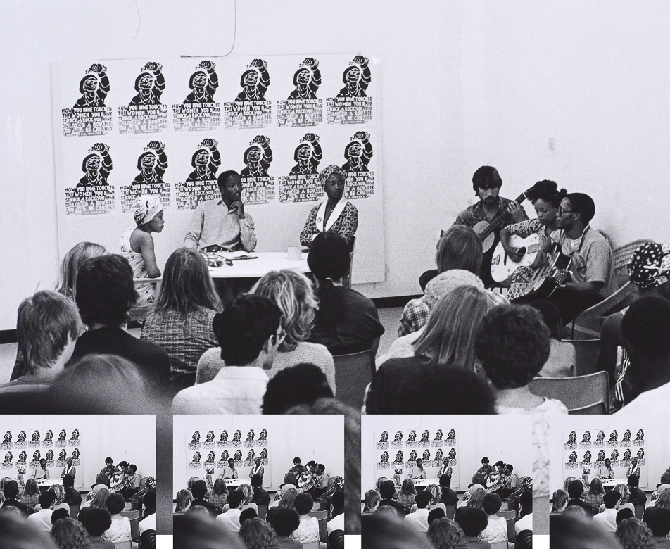 Medu members Lulu Emmig and Thami Mnyele (seated at the table in the front, from left to right), and others attend a Woman’s Day function at the Swedish Embassy in Gaborone, Botswana, 1981. Credit: Sergio-Albio Gonzalez via Freedom Park